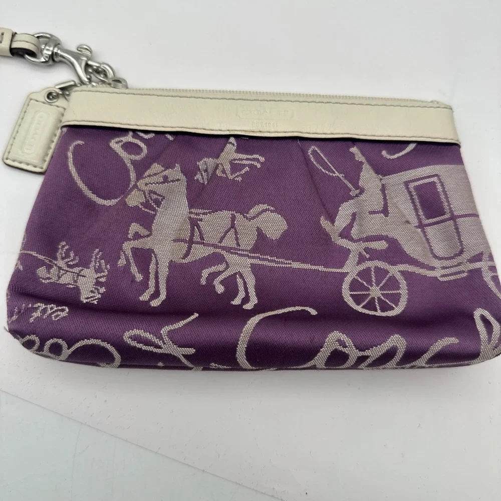 VTG Y2K Coach Purple Horse Carriage Print Wristlet & Bag Canvas Leather Trim EUC